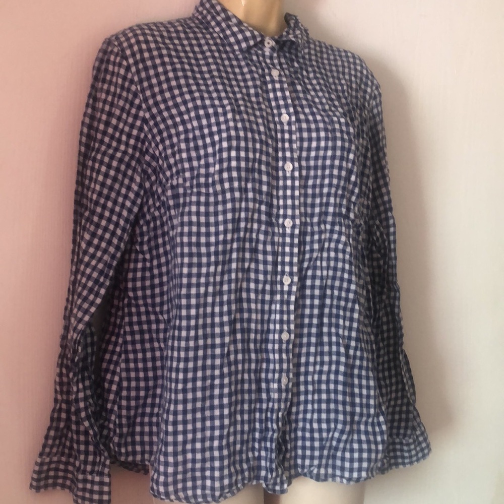Women’s fall Blue and White  plaid casual linen petite Button-Up Shirt
